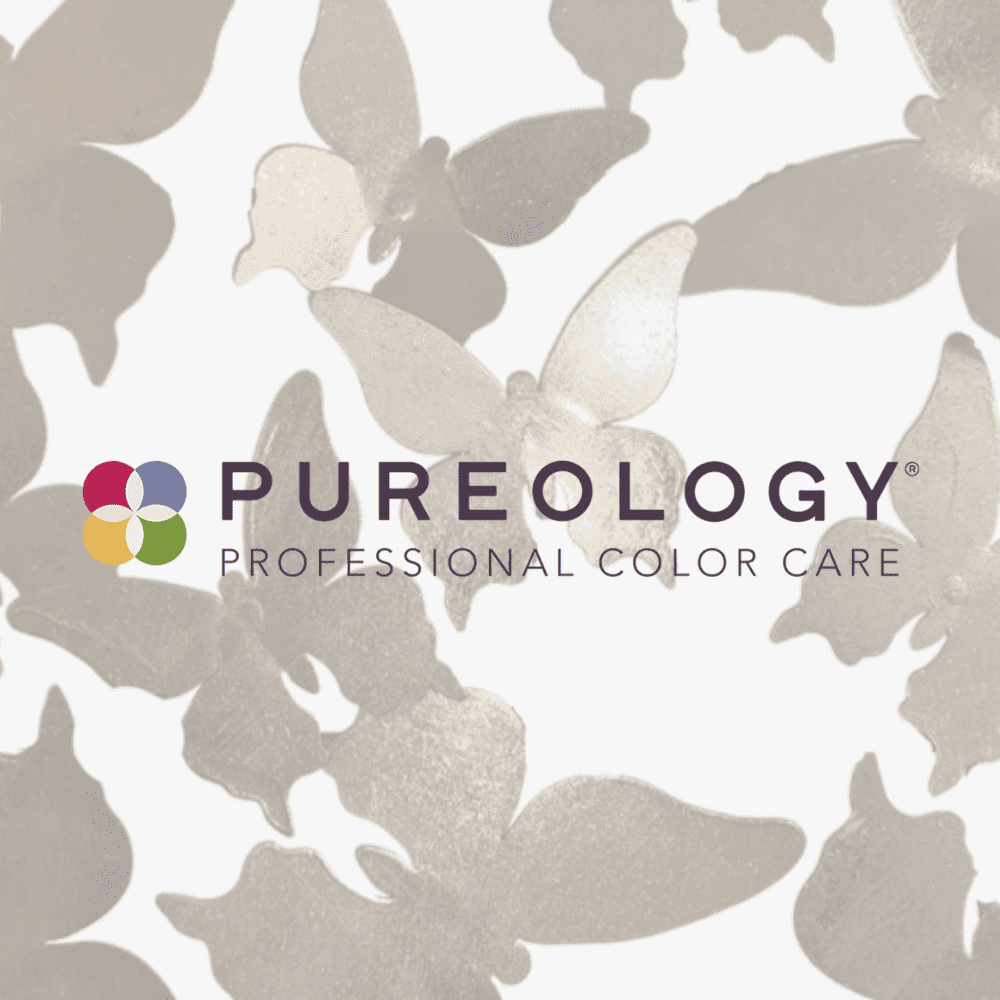Butterflies surrounding Pureology Professional Color Care logo.