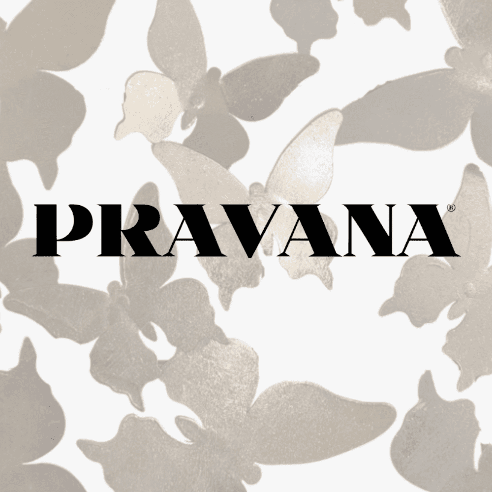 Butterfly silhouettes and "PRAVANA" text on a white background.